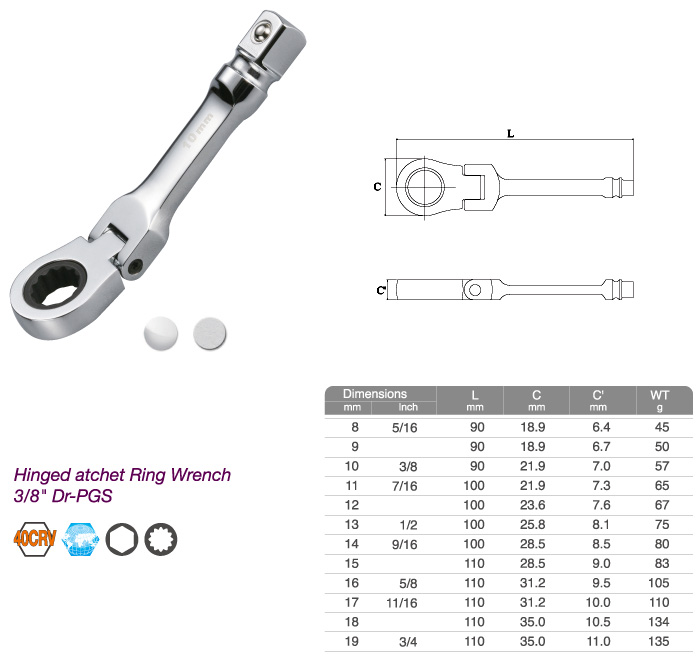 Hinged Ratchet Ring Wrench 3/8